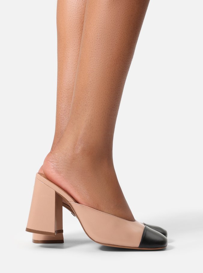 Mule Nude Couro Salto Bloco Bicolor