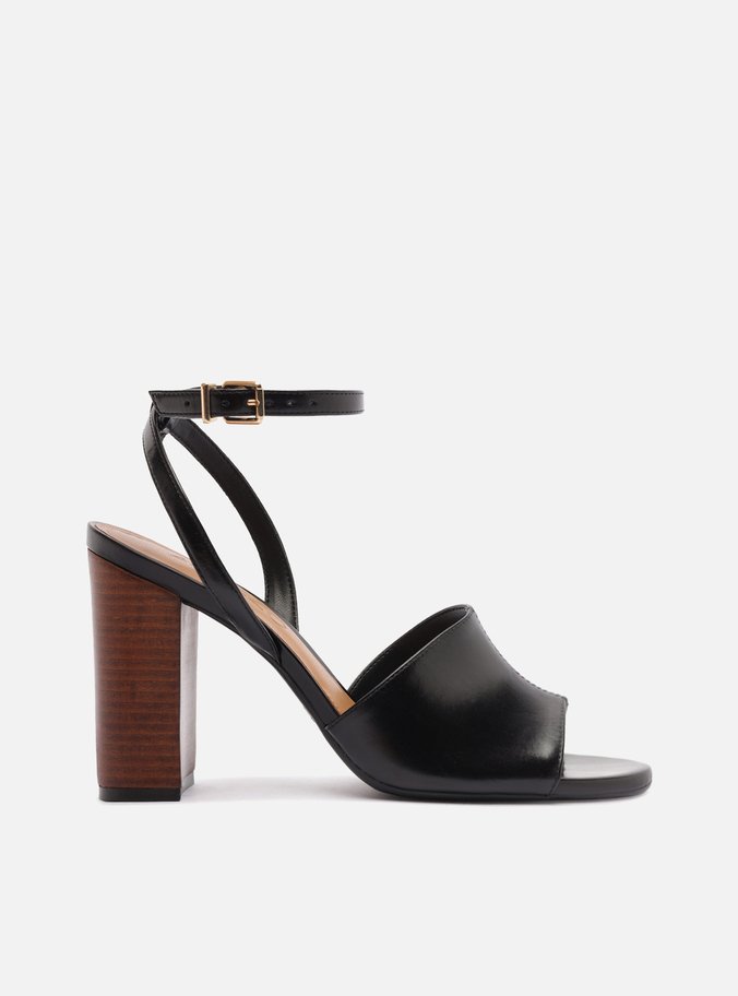 Sandália Preta Couro Salto Bloco Fivela Slingback