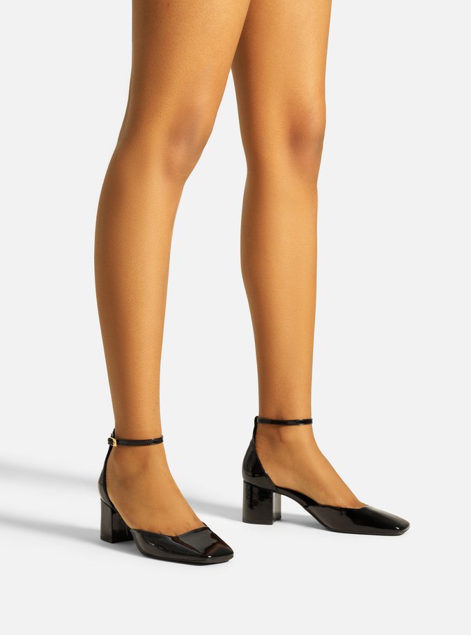 Scarpin Preto Verniz Salto Bloco Bico Quadrado