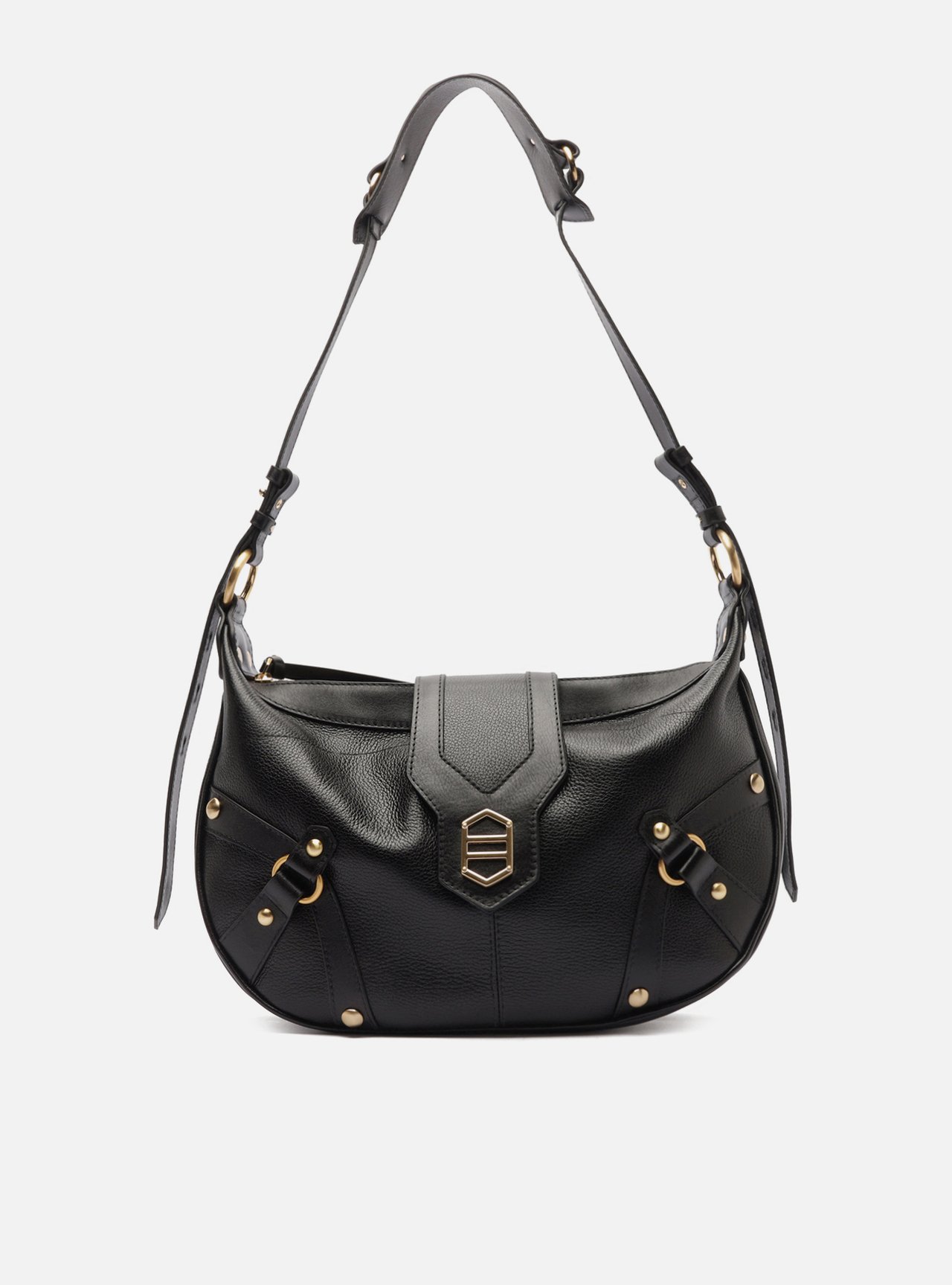 Bolsa Shoulder Preta Couro Grande Tiras Metais — foto 1