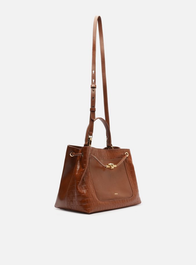 Bolsa Tote Caramelo Couro Tressê Grande Nó Metal
