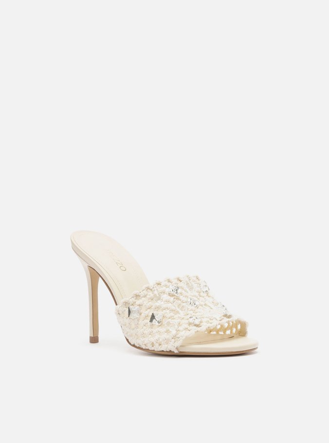 Mule Branco Salto Alto Bordado Floral