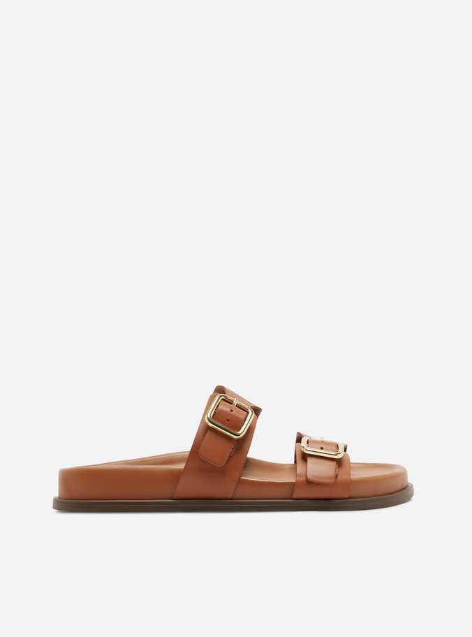 Sandália Papete Marrom Couro Flatform Fivelas Douradas
