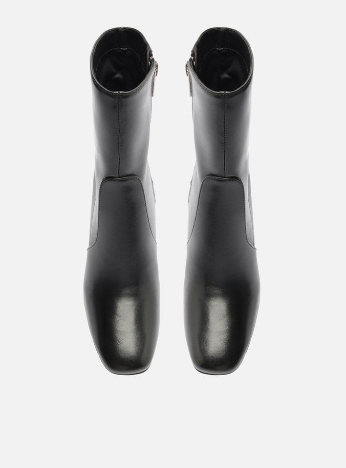 Bota Preta Couro Salto Alto Bloco Cano Médio