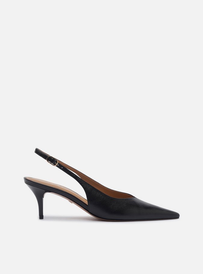 Scarpin Preto Couro Salto Fino Fivela Slingback