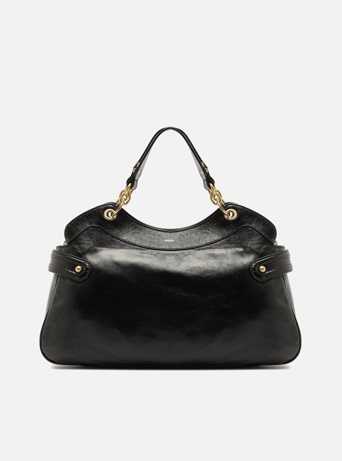 Bolsa Tote Preta Couro Grande Ilhós