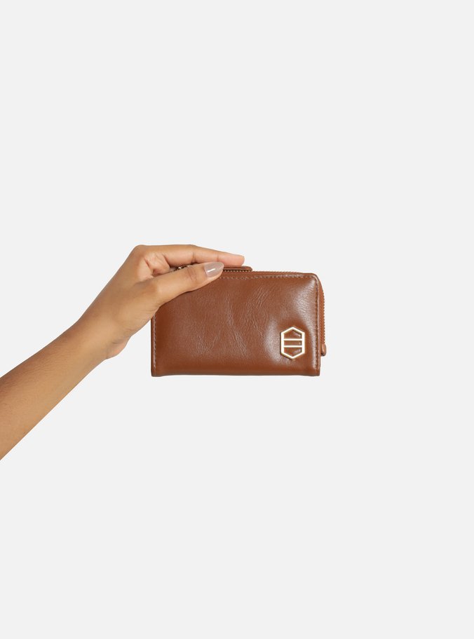 Carteira Marrom Couro Grande Metal Zíper Lateral