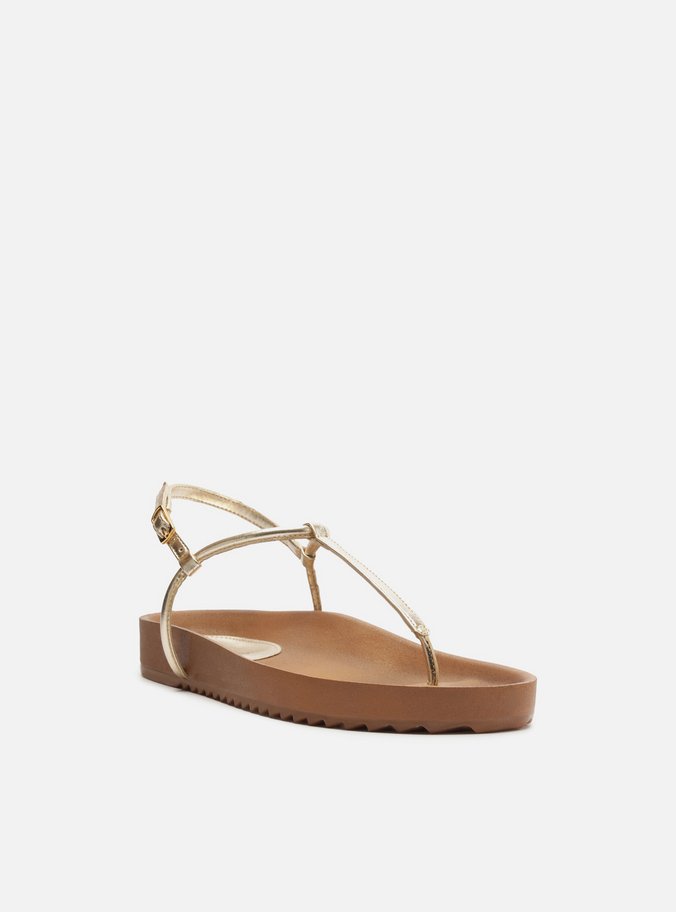 Sandália Papete Dourada Flatform Tiras Slim