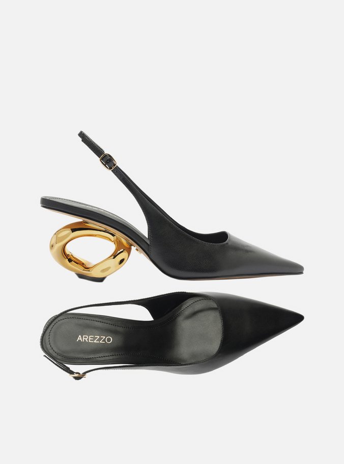 Scarpin Preto Couro Salto Geométrico Slingback