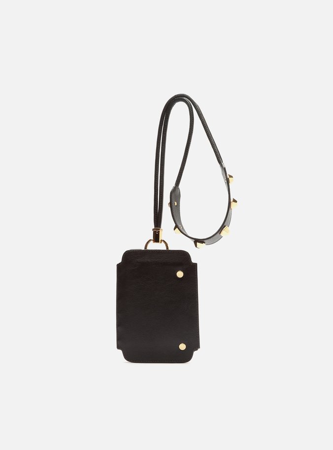 Bolsa Tiracolo Porta Celular Couro Preto Tachas