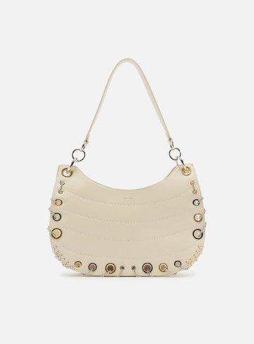 Bolsa Hobo Branca Couro Média Costuras Metais
