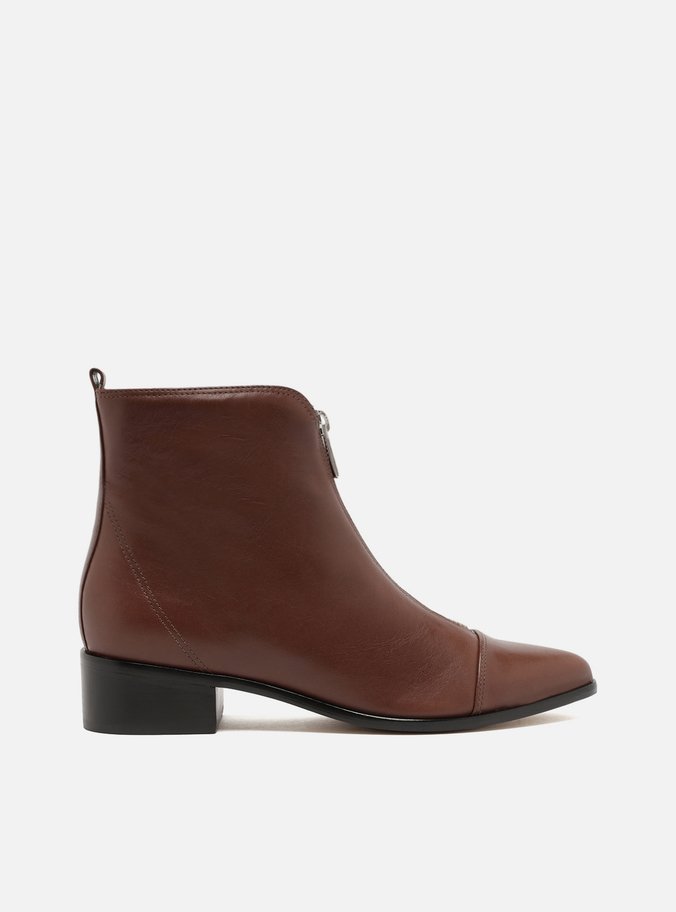 Bota Marrom Couro Cano Curto Bloco Zíper