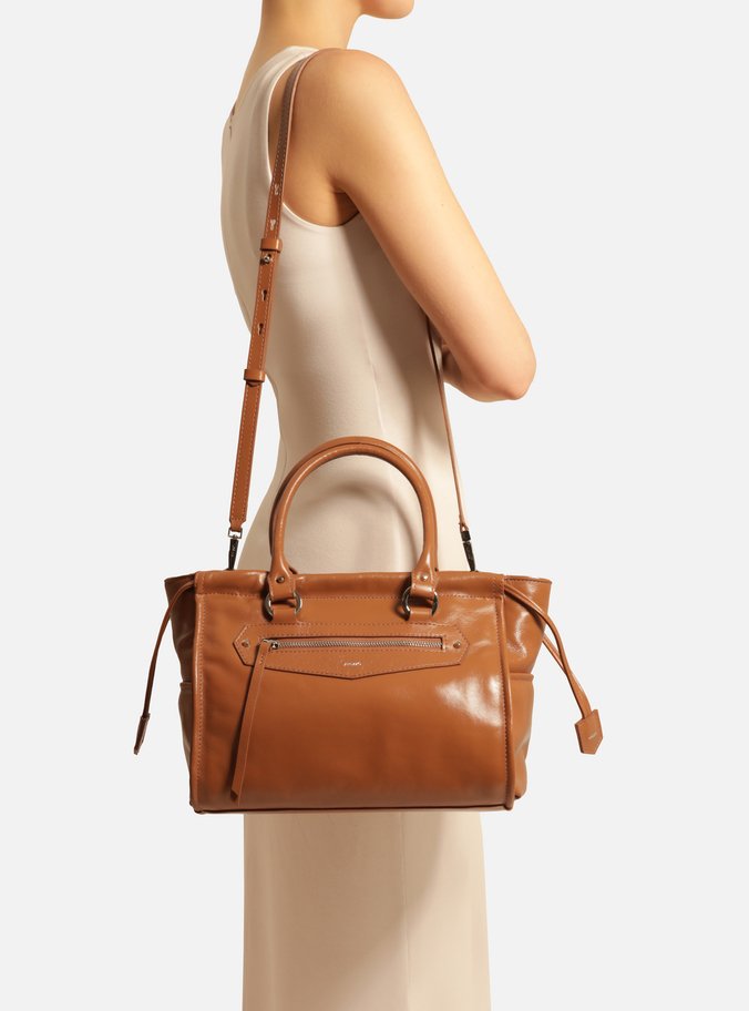 Bolsa Tote Marrom Couro Média Bolso Frontal