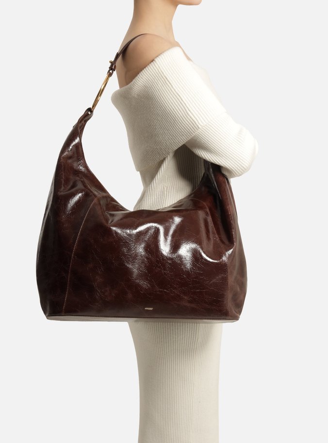 Bolsa Hobo Marrom Couro Grande Argolas Alça