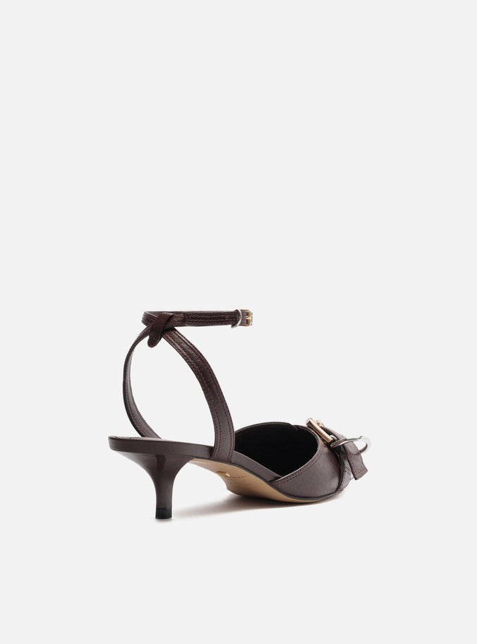 Scarpin Marrom Couro Salto Kitten Aberto Fivela
