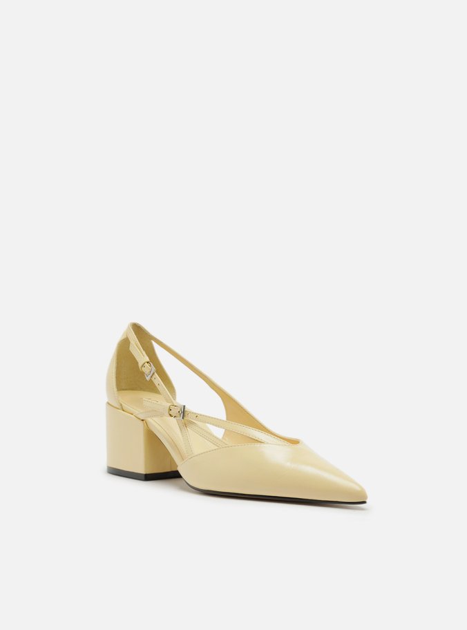 Scarpin Amarelo Couro Bloco Semi Aberto Fivelas