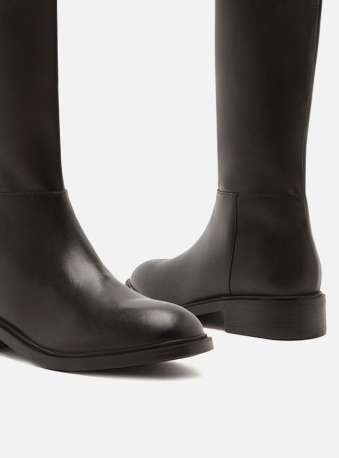 Bota Over The Knee Preta Couro Salto Bloco