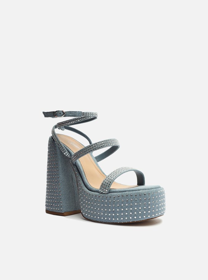 Sandália Azul Jeans Plataforma Strass