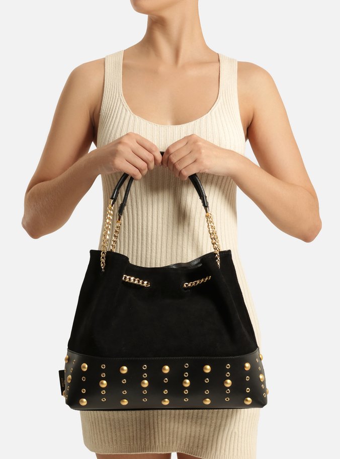 Bolsa Bucket Preta Couro Acamurçado Grande