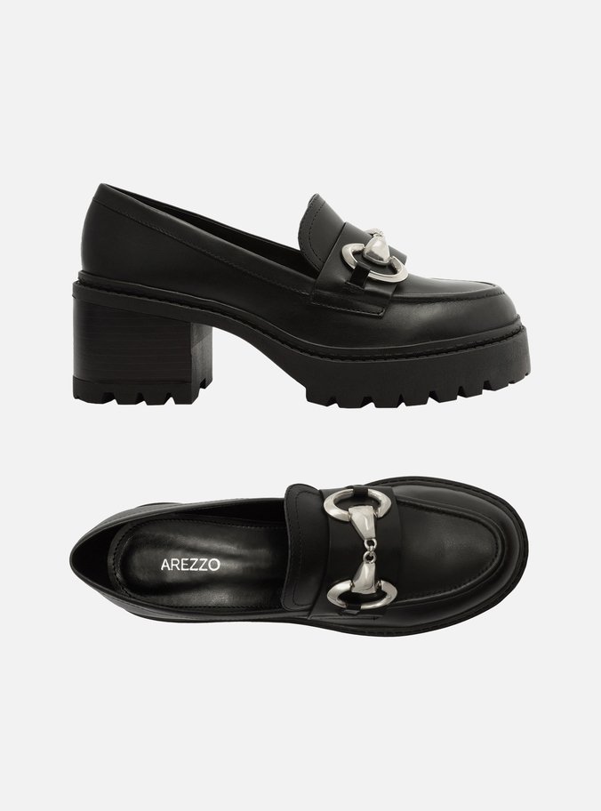 Mocassim Preto Couro Salto Médio Bloco Tratorado