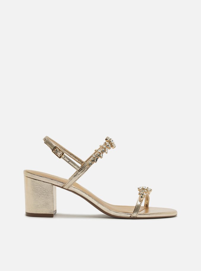 Sandália Dourada Couro Salto Bloco Tiras Pedrarias