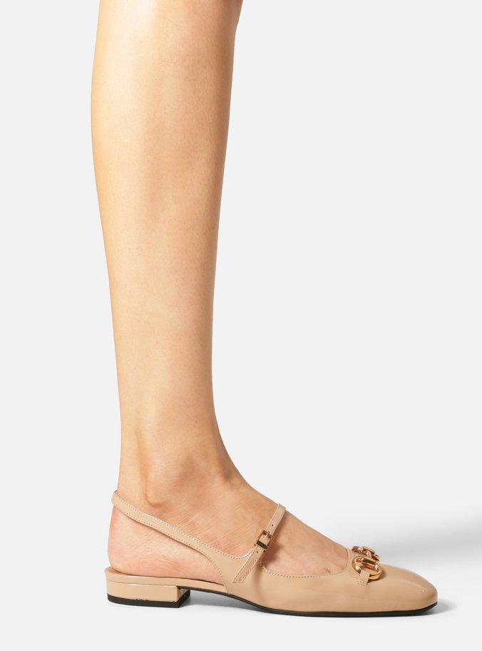 Sapatilha Nude Couro Bico Redondo Bridão Slingback