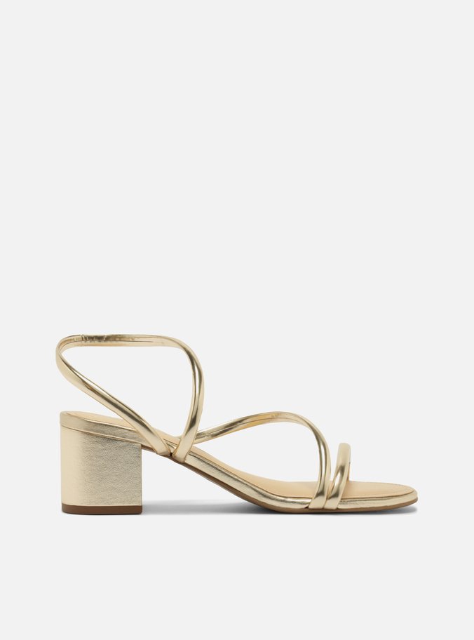 Sandália Dourada Salto Bloco Tira Curva