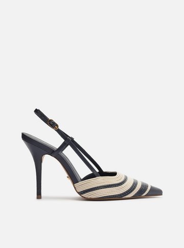 Scarpin Azul Couro Salto Alto Slingback Bicolor