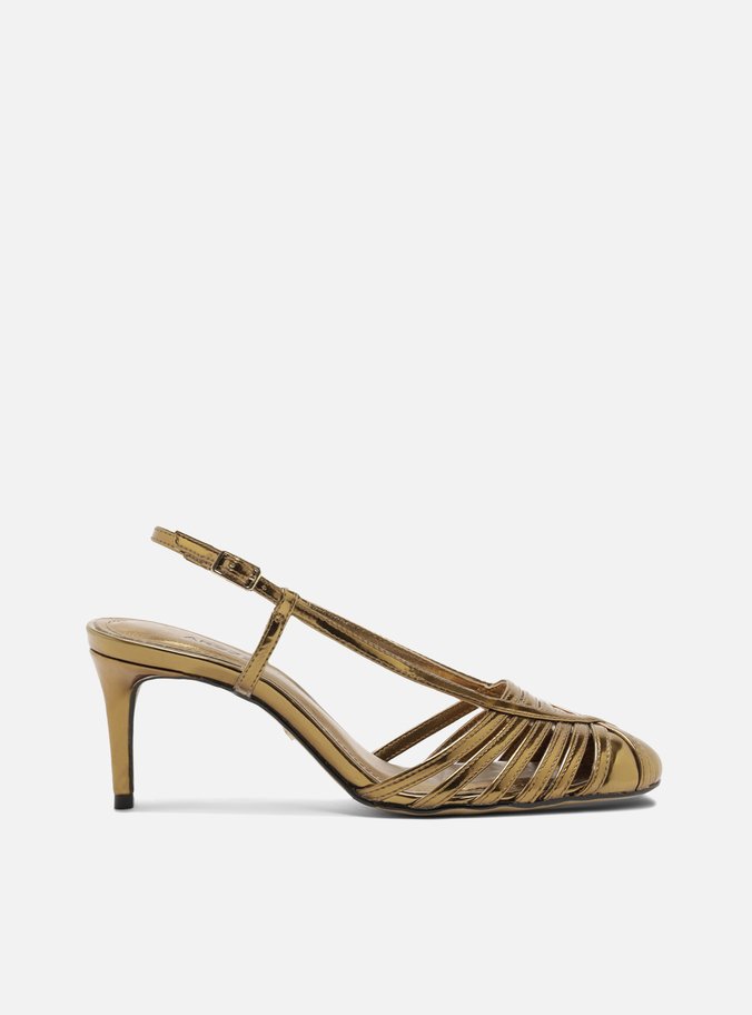 Scarpin Dourado Salto Fino Slingback Tiras