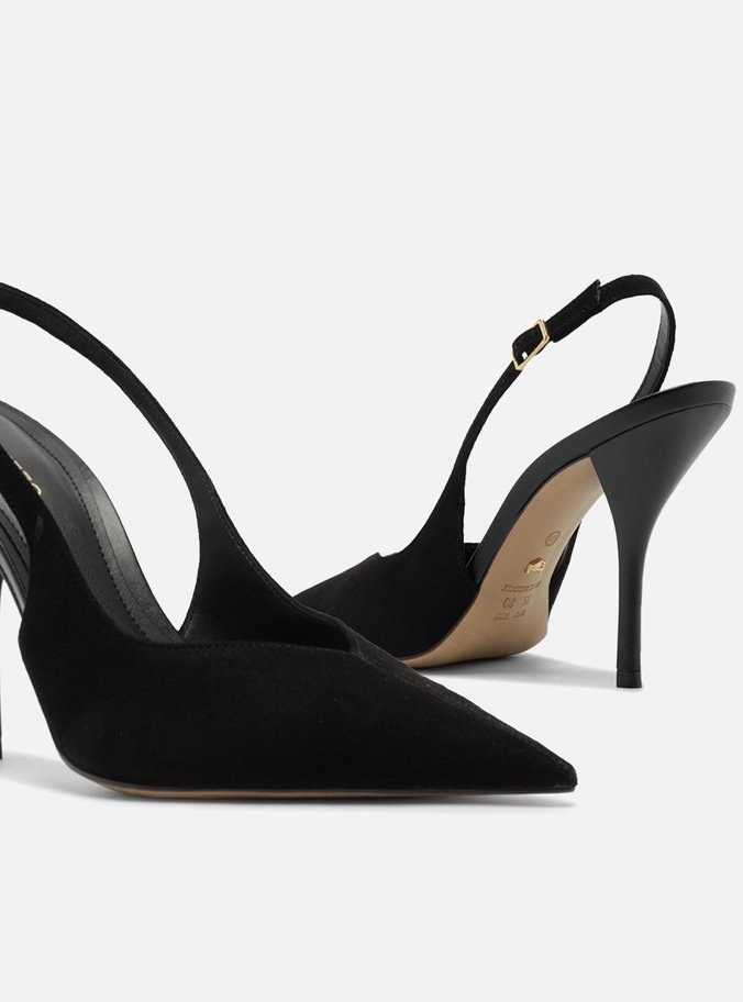 Scarpin Preto Camurça Salto Alto Slingback