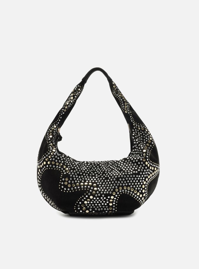 Bolsa Hobo Preta Couro Média Strass