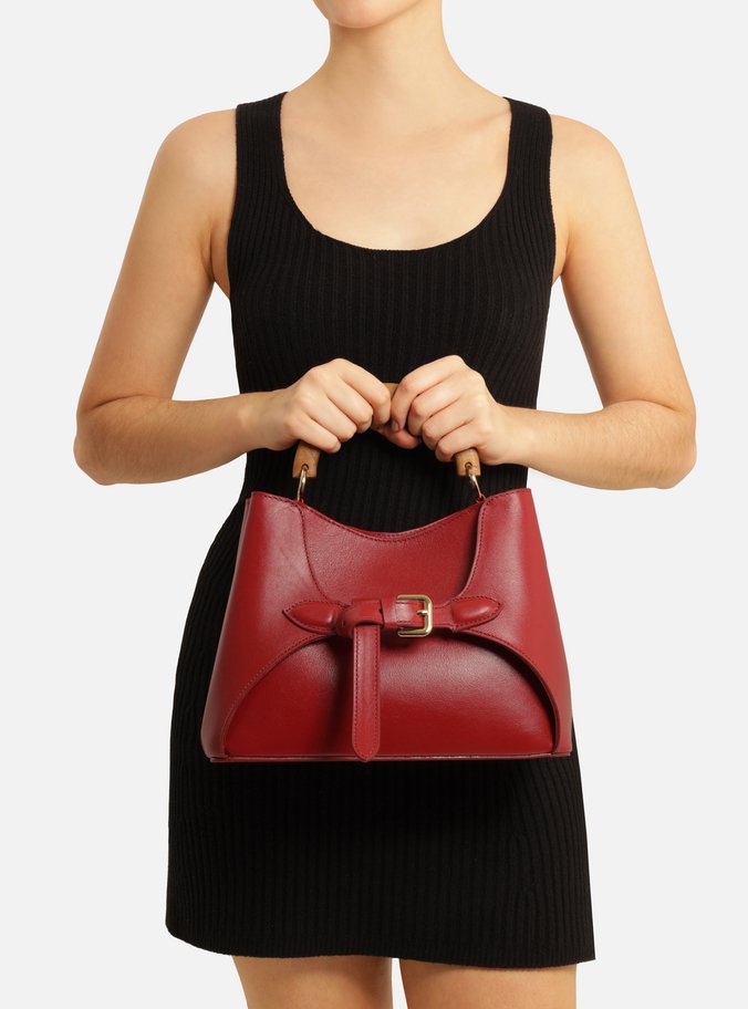 Bolsa Tote Vermelha Couro Média Alça Madeira