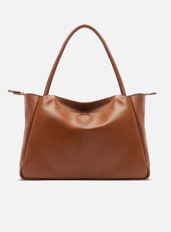 Bolsa Shopping Marrom Couro Grande Tag Metal