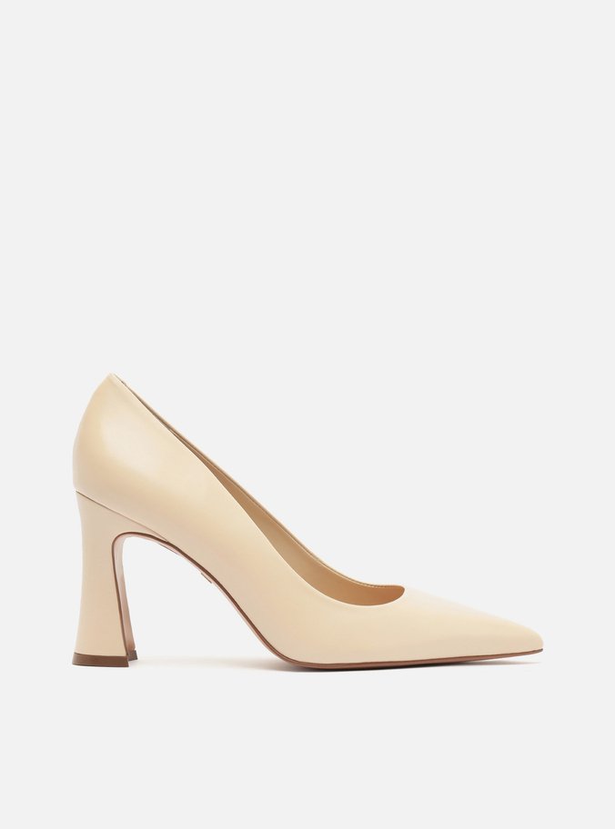 Scarpin Off White Couro Salto Alto Bloco Flare