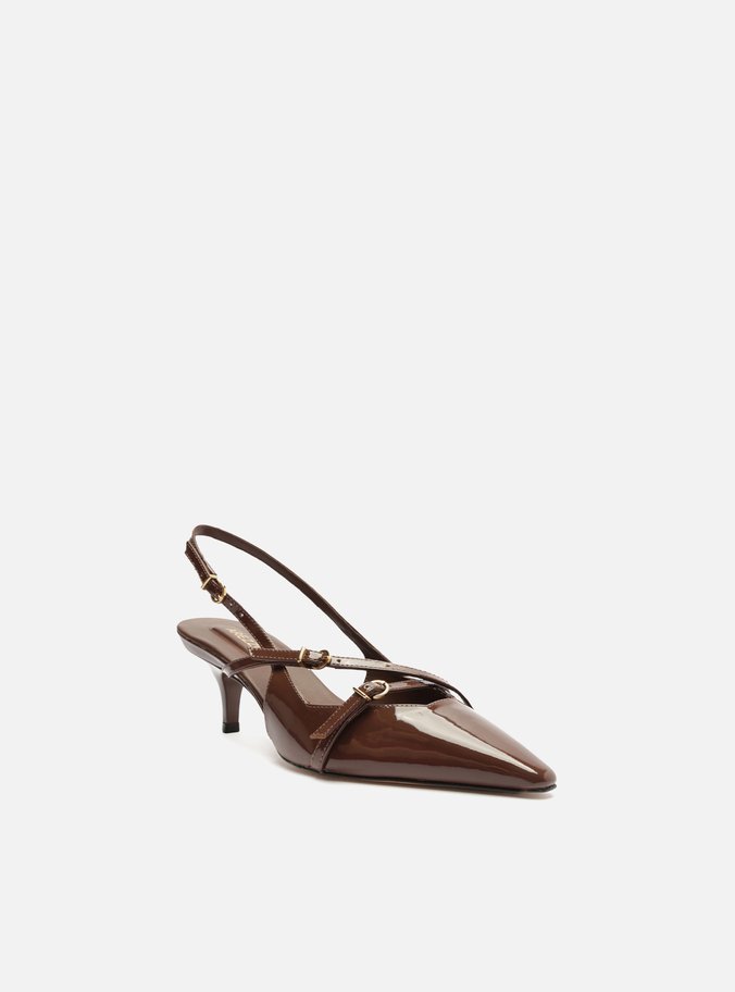 Scarpin Marrom Verniz Salto Médio Slingback Amélia