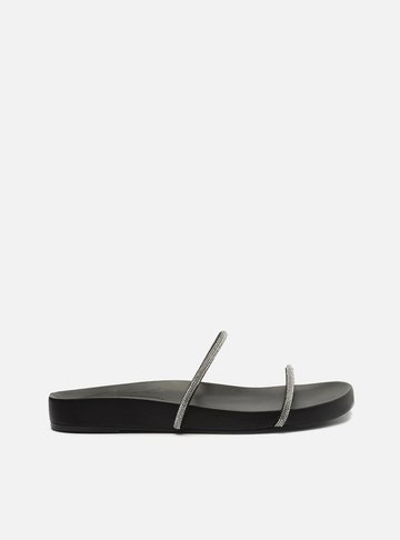Sandália Rasteira Preta Tiras Strass Minimal