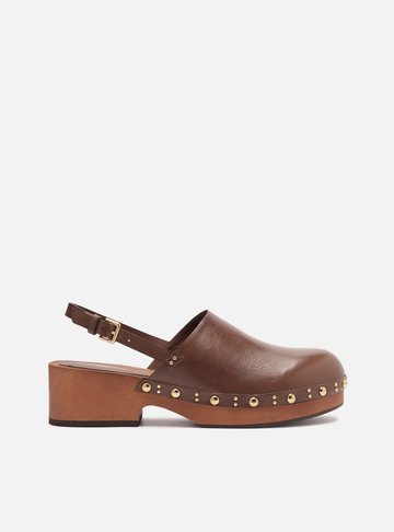 Mule Clog Marrom Couro Salto Médio Tira