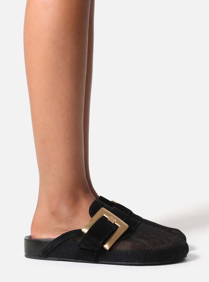 Mule Clog Preta Tela Fivela