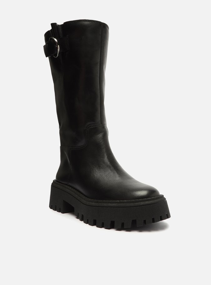 Bota Preta Couro Cano Longo Tratorada