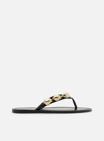 Rasteira Preta Couro Flip Flop Metais
