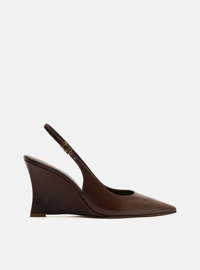 Scarpin Marrom Couro Salto Alto Anabela Slingback