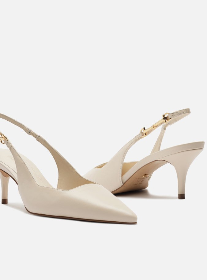 Scarpin Branco Couro Slingback Detalhe Metal