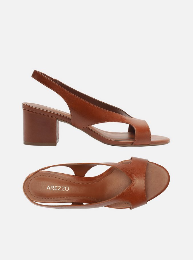 Sandália Marrom Couro Bloco Tira Larga Slingback