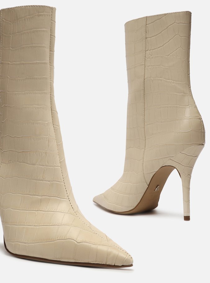 Bota Off-White Croco Cano Médio Salto Alto Fino