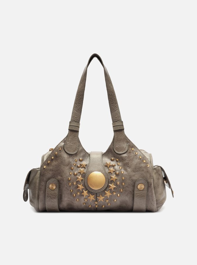 Bolsa Bowling Cinza Couro Grande Metais Folk