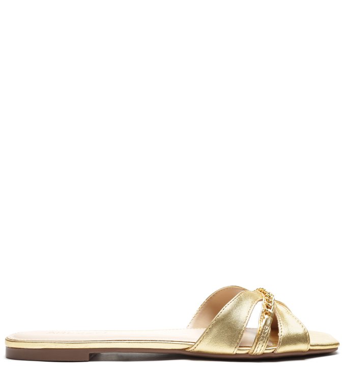 Rasteira Dourada Couro Flat Corrente