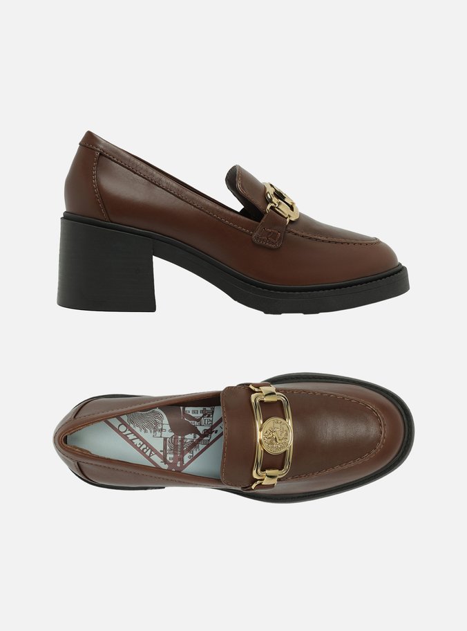 Mocassim Marrom Couro Salto Bloco
