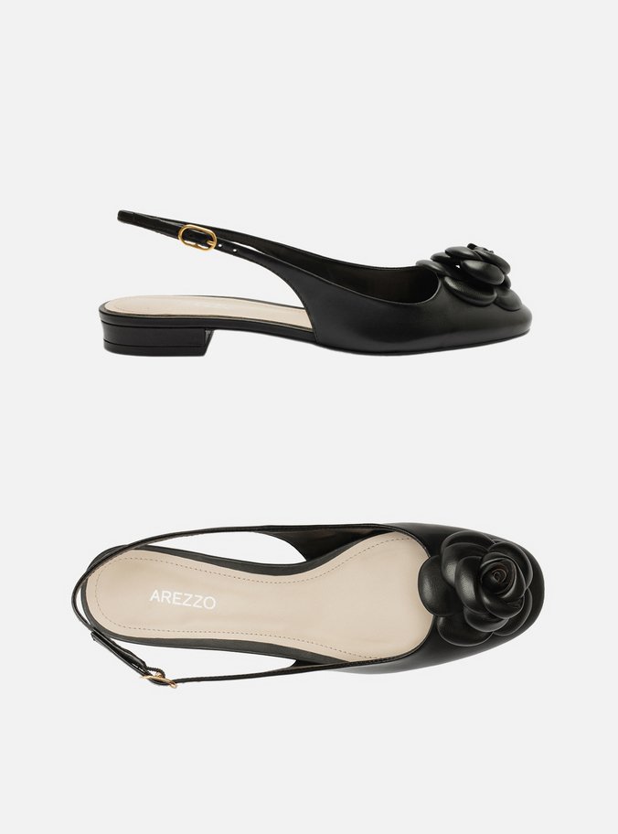 Sapatilha Preta Couro Slingback Flor