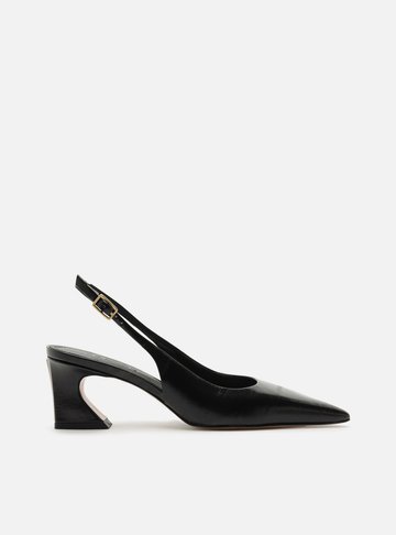 Scarpin Preto Couro Salto Médio Geométrico Slingback