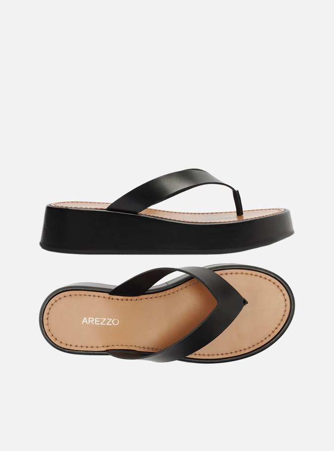 Tamanco Preto Couro Flatform Thong